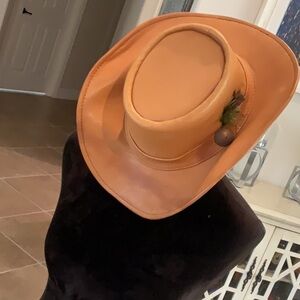 NACCA DACCA vintage leather hat, feather on side, see meausurement pics